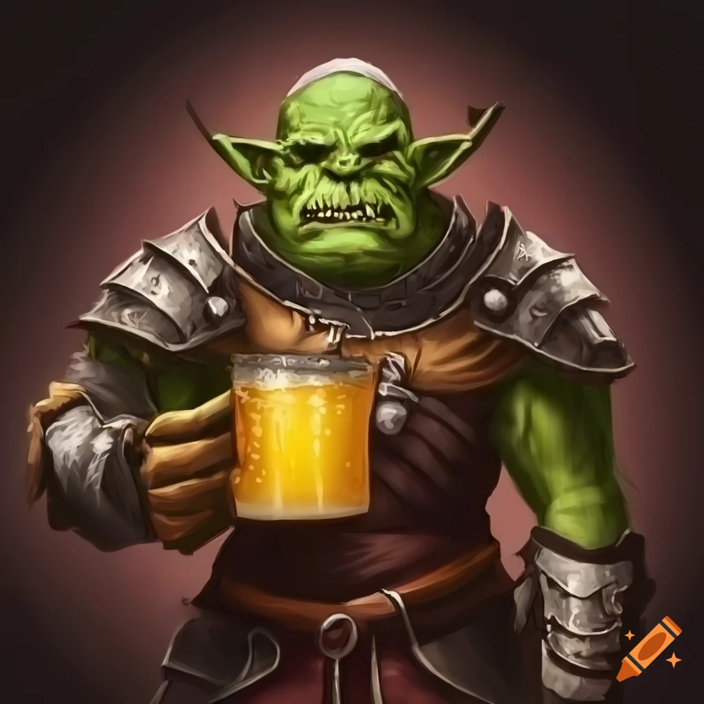 Cheerful orc in grand heavy armor holding a golden ale stein