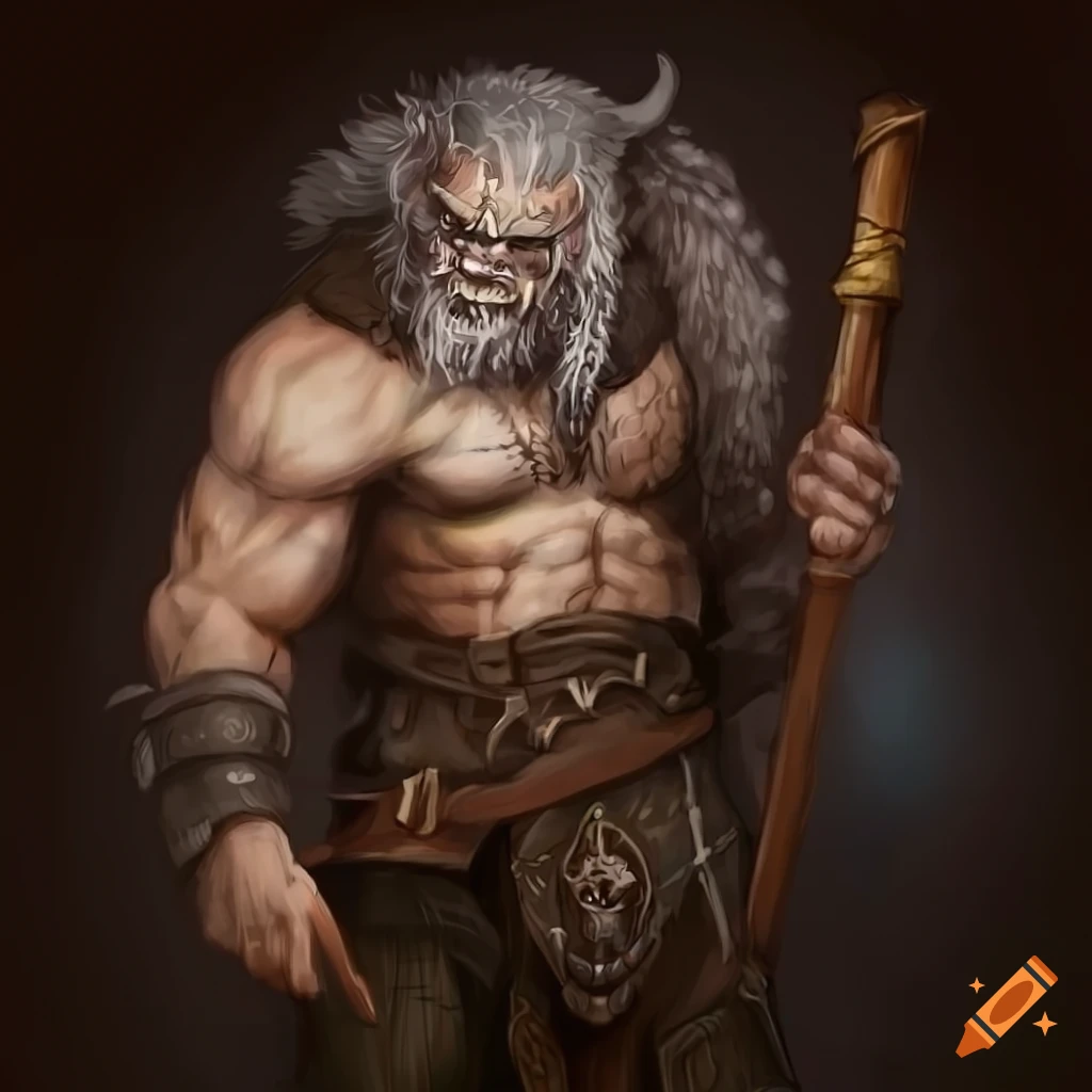 Detailed artwork of a stern male barbarian with grey eye and hair