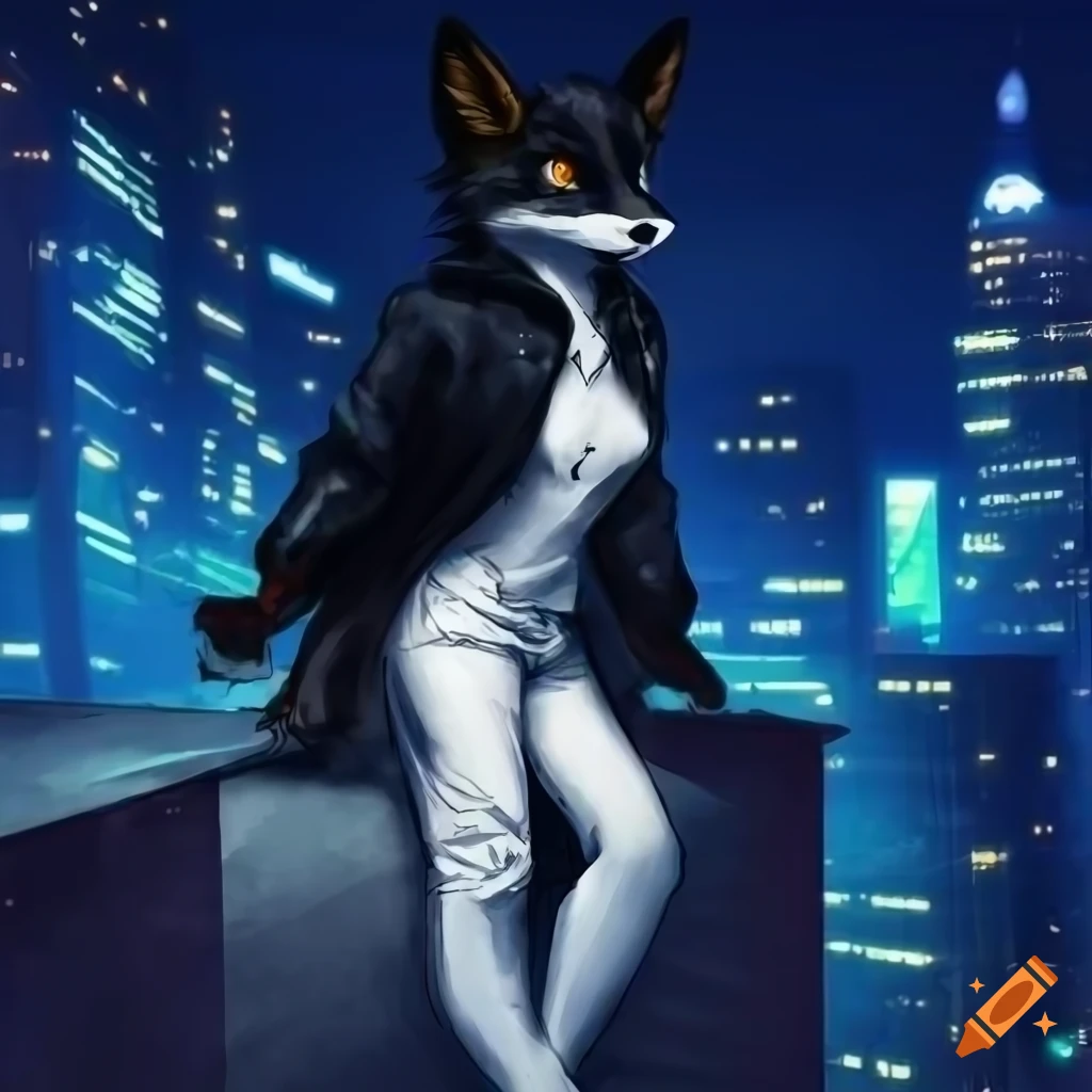 Tall anthro fox in stylish clothes with a night city backdrop
