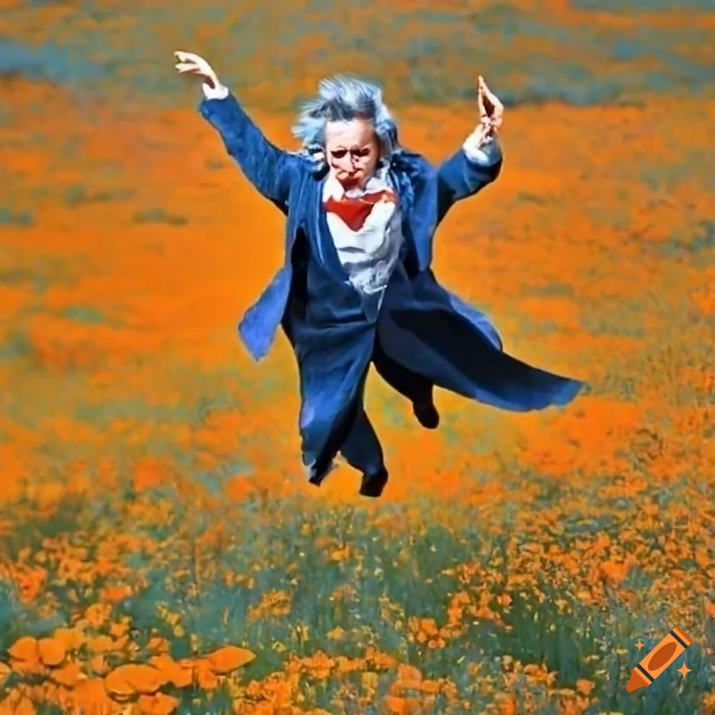 Beethoven in a field of California poppies