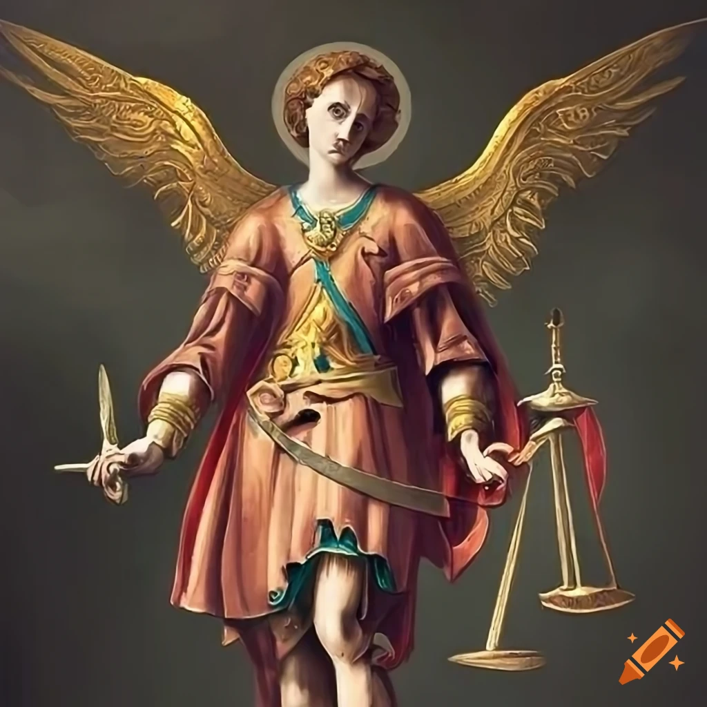 Saint Michael holding a sword and scales of justice in Renaissance style