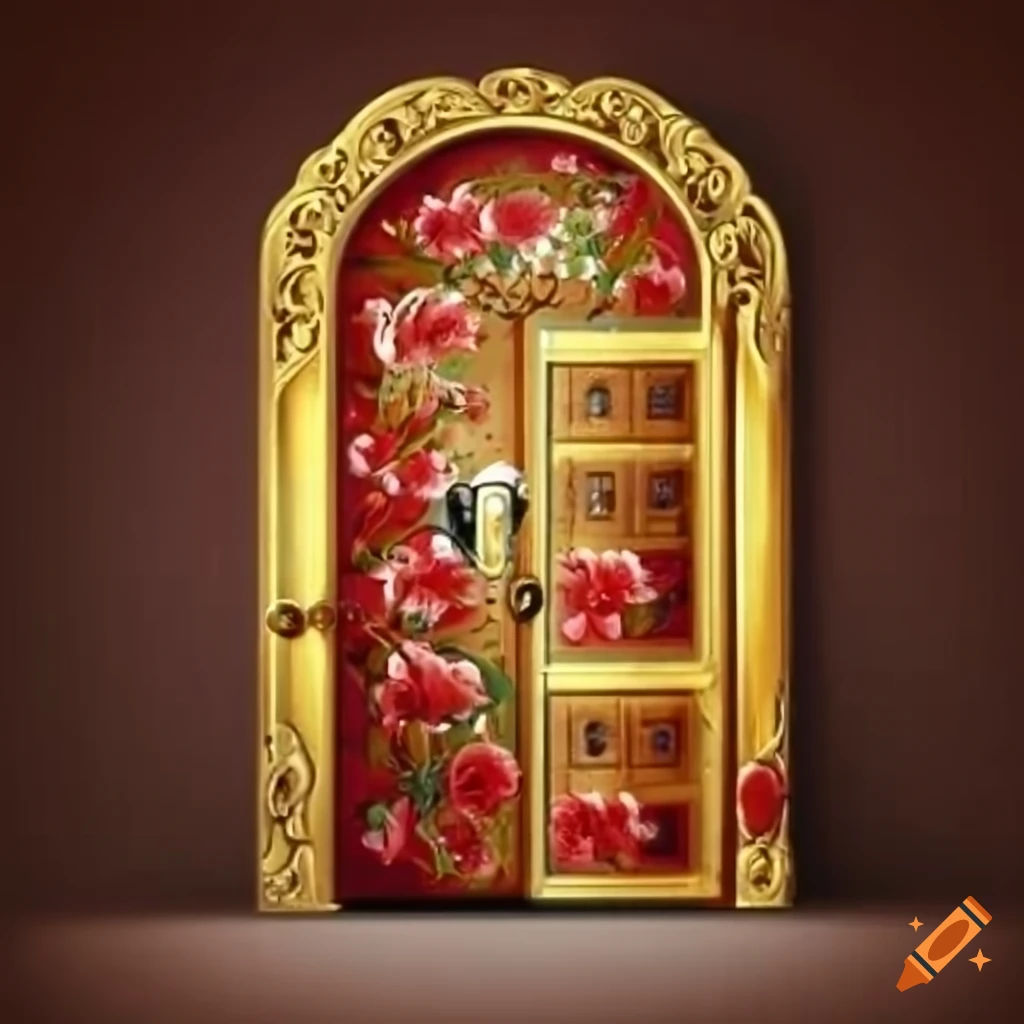 Antique golden door with red flowers, white rabbit, and tea-cup decorations