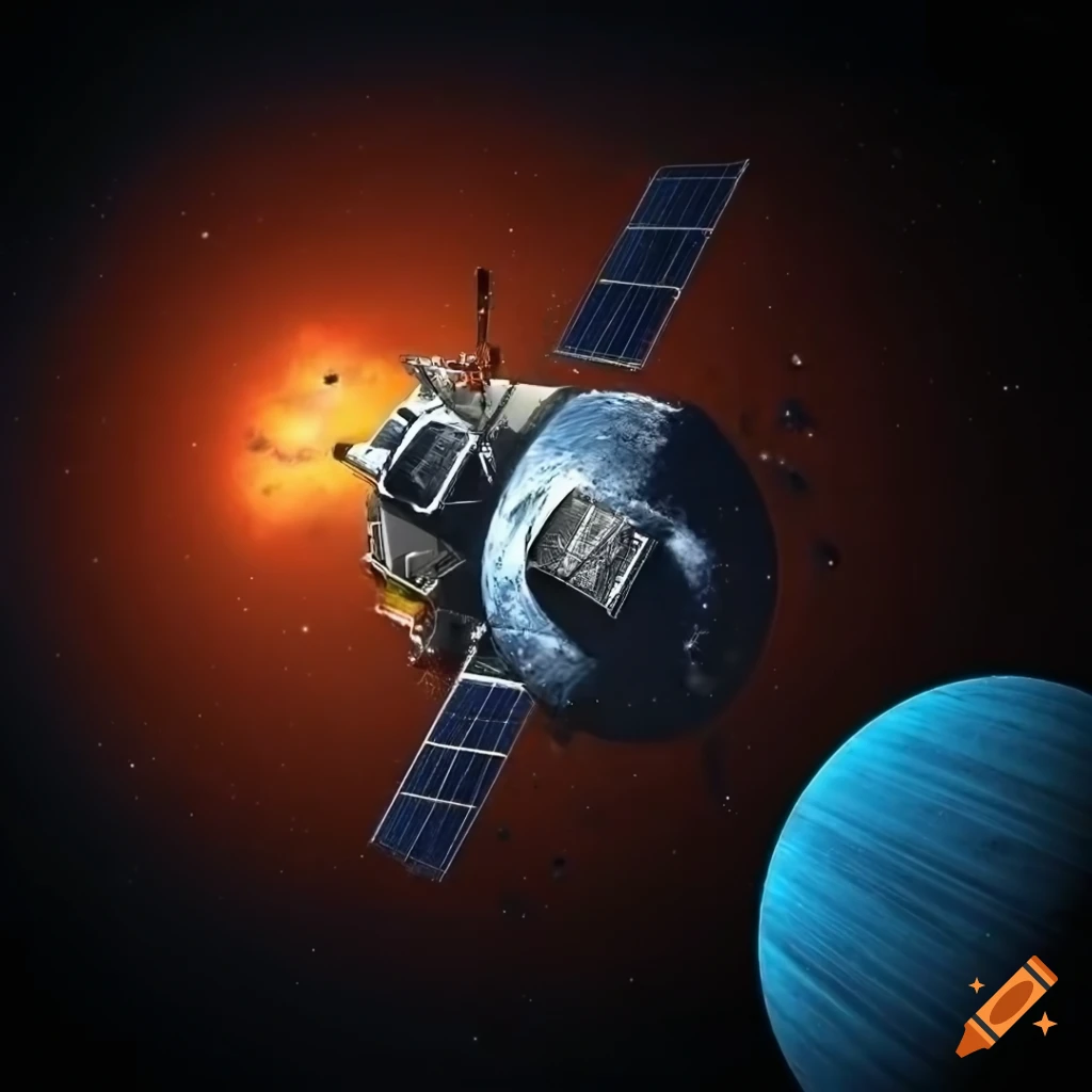 Detailed portrait of a spacecraft in space with technical details