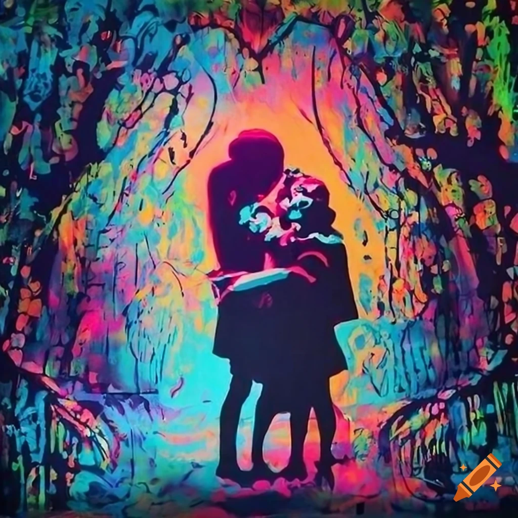 Romeo and Juliet love story in Banksy's iconic stencil art style with vibrant colors