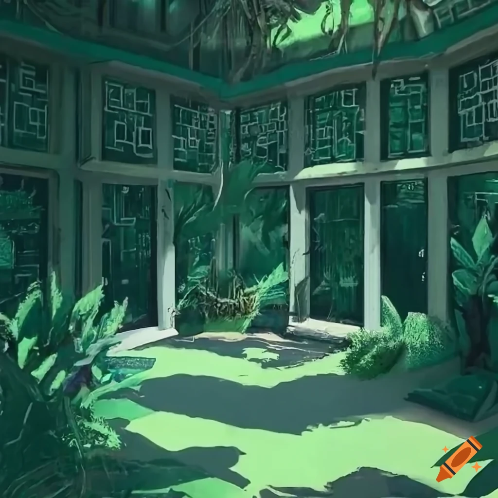 Botanical liminal space with dreamy sunlight in a solarpunk setting