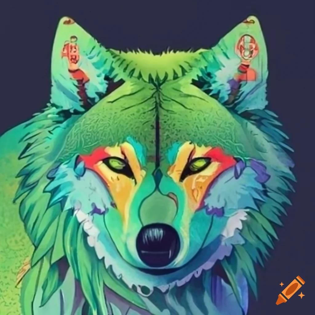 Green wolf in classical ukiyo-e art style