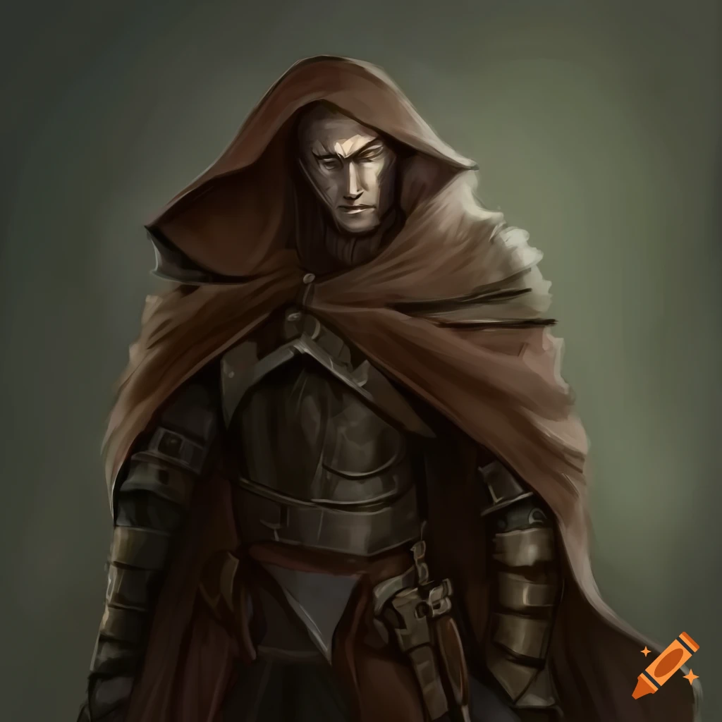 Detailed artwork of a stern male rogue with grey eyes and hair