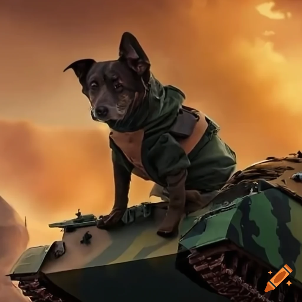 Dog in military attire on a Panther KF51 tank