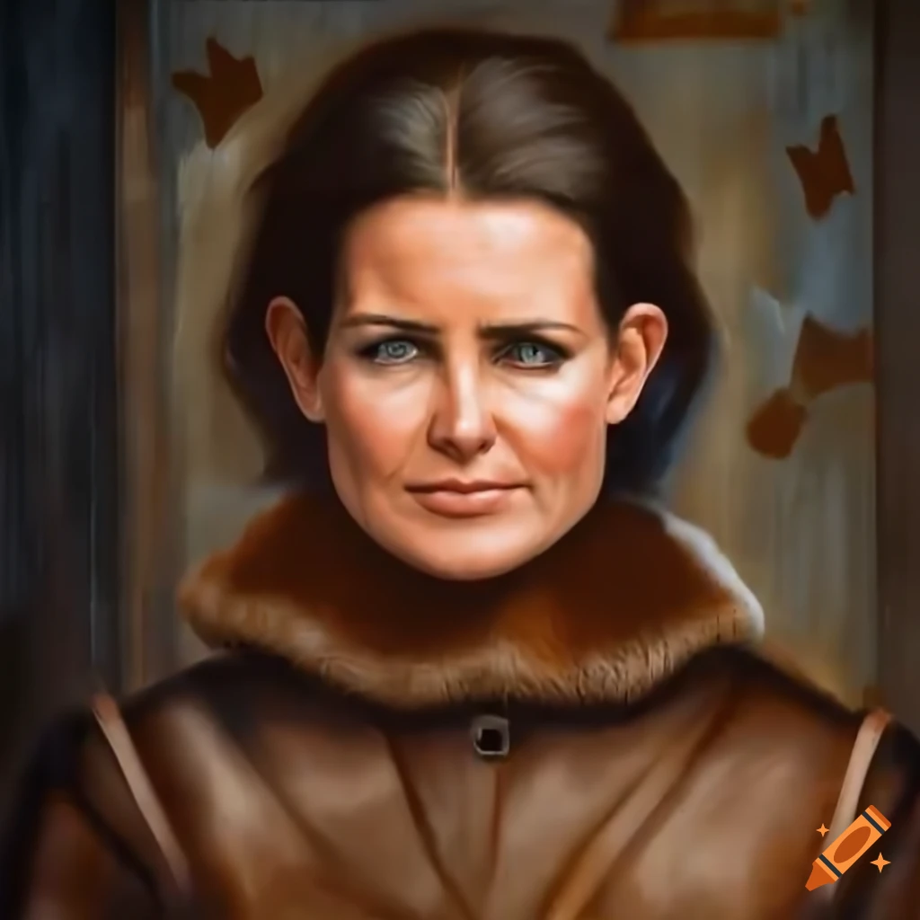 Woman in brown sheepskin bomber jacket and black leather trousers in barn doorway