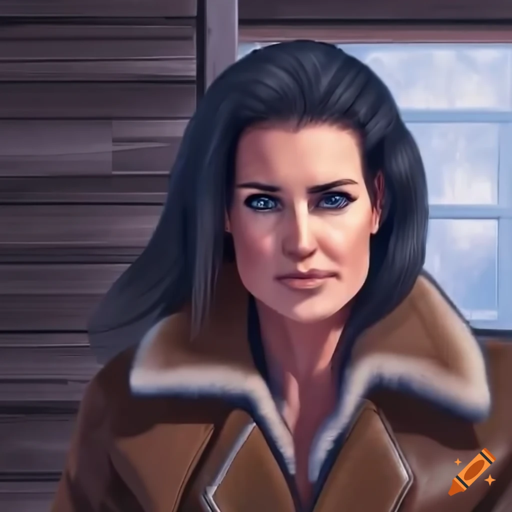 Young woman in brown sheepskin bomber jacket and black leather trousers standing in barn doorway