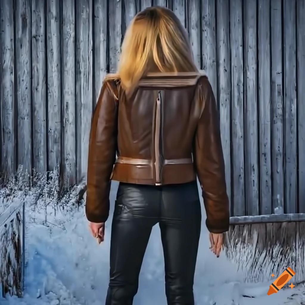 Young woman in sheepskin bomber jacket and high-waist leather trousers standing in a barn doorway