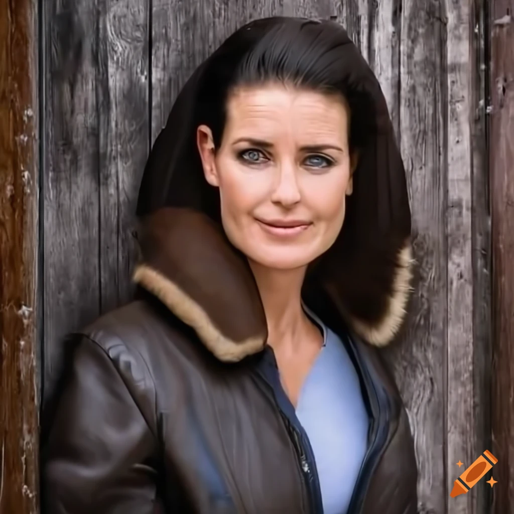 Woman in brown sheepskin jacket and black leather trousers standing in barn doorway