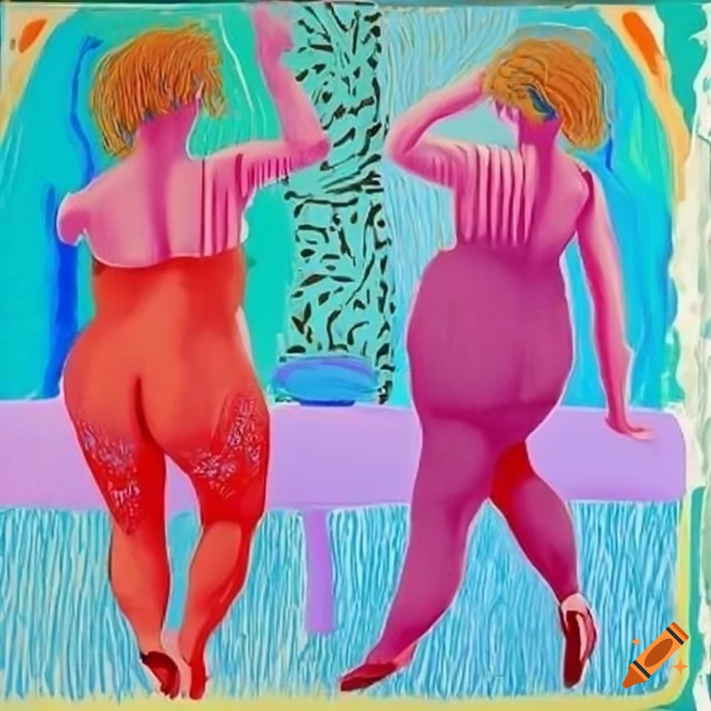Three energetic Graces in an optimistic art style by David Hockney