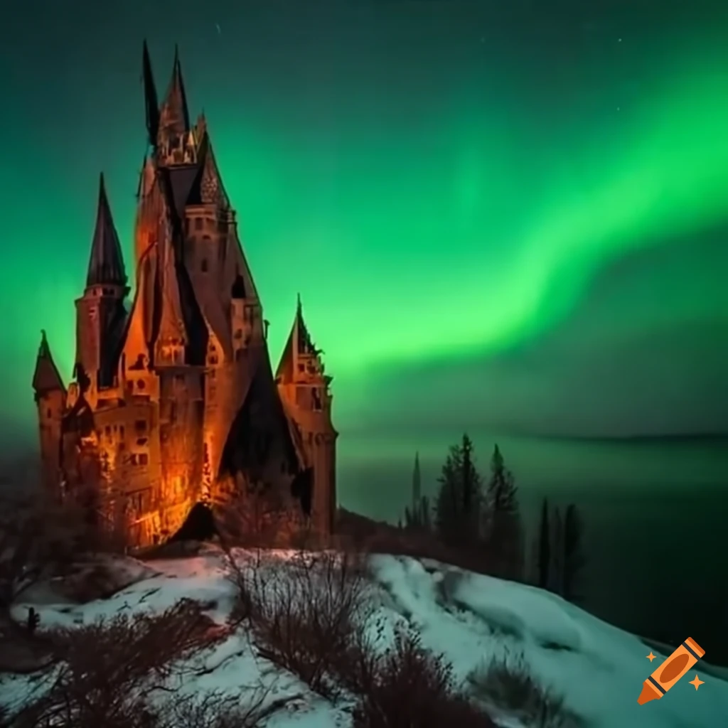 Scary fire aurora borealis with witch castle in the corner
