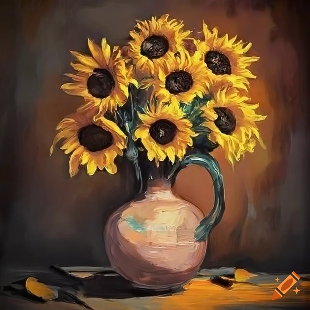 Vase of sunflowers in vintage light palette knife painting style on Craiyon