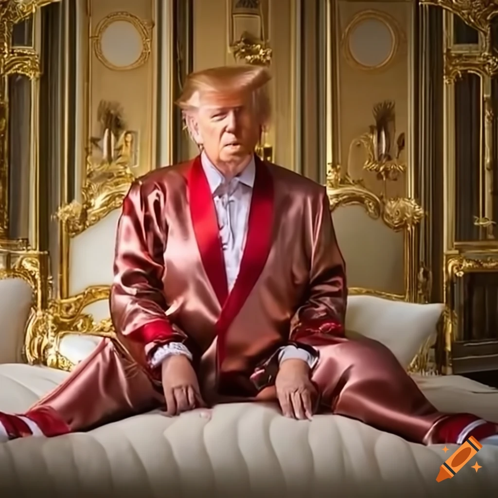 Satiric portrayal of a person in satin pajamas with mushrooms in an opulent penthouse suite