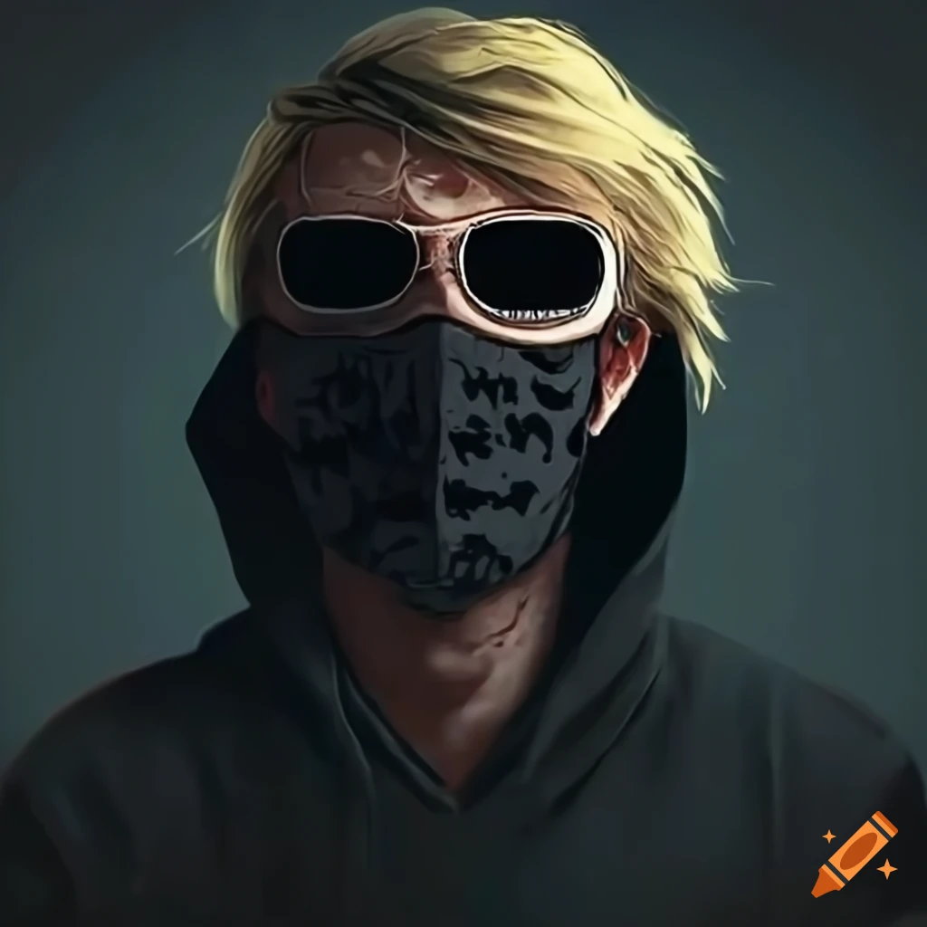 Blonde man in black facemask, glasses, and hoodie running from horror monsters and explosions