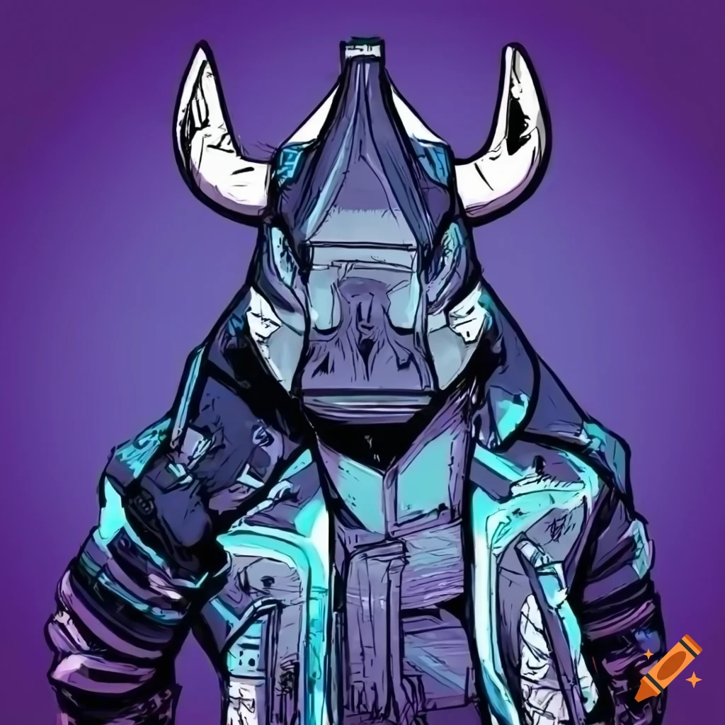 Cartoon cyberpunk ninja rhino in a blue jacket with a cyberpunk city background
