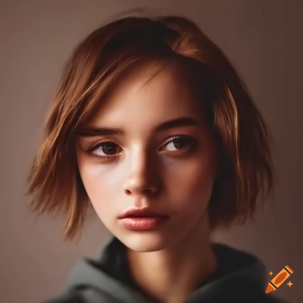 Portrait of a young university student with wavy bob cut hair and brown eyes
