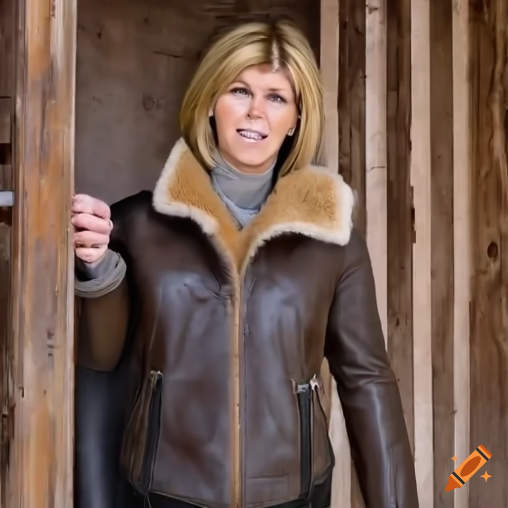 Young woman in a sheepskin bomber jacket and leather trousers standing in barn doorway