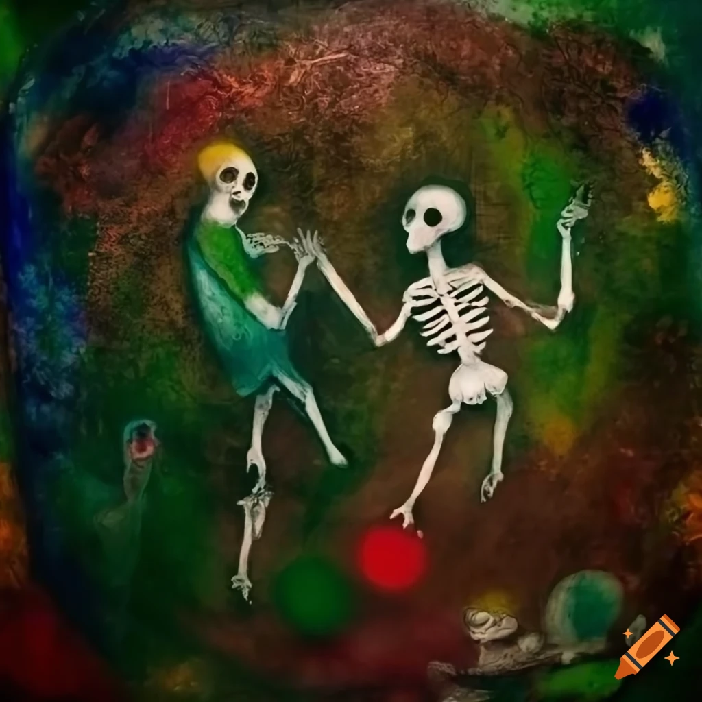 Skeleton fairies embracing in a colorful dark forest inspired by Marc Chagall