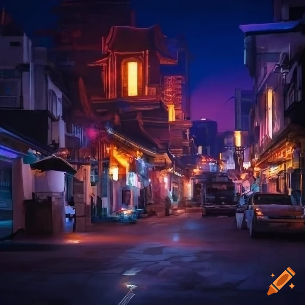 Night view of a Hellenistic-Thai city under evening sky