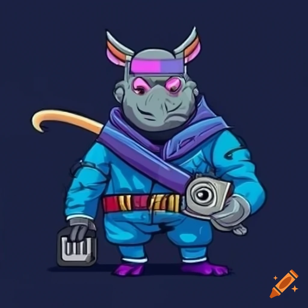 Cartoon cyberpunk ninja rhino in blue jacket with cityscape background