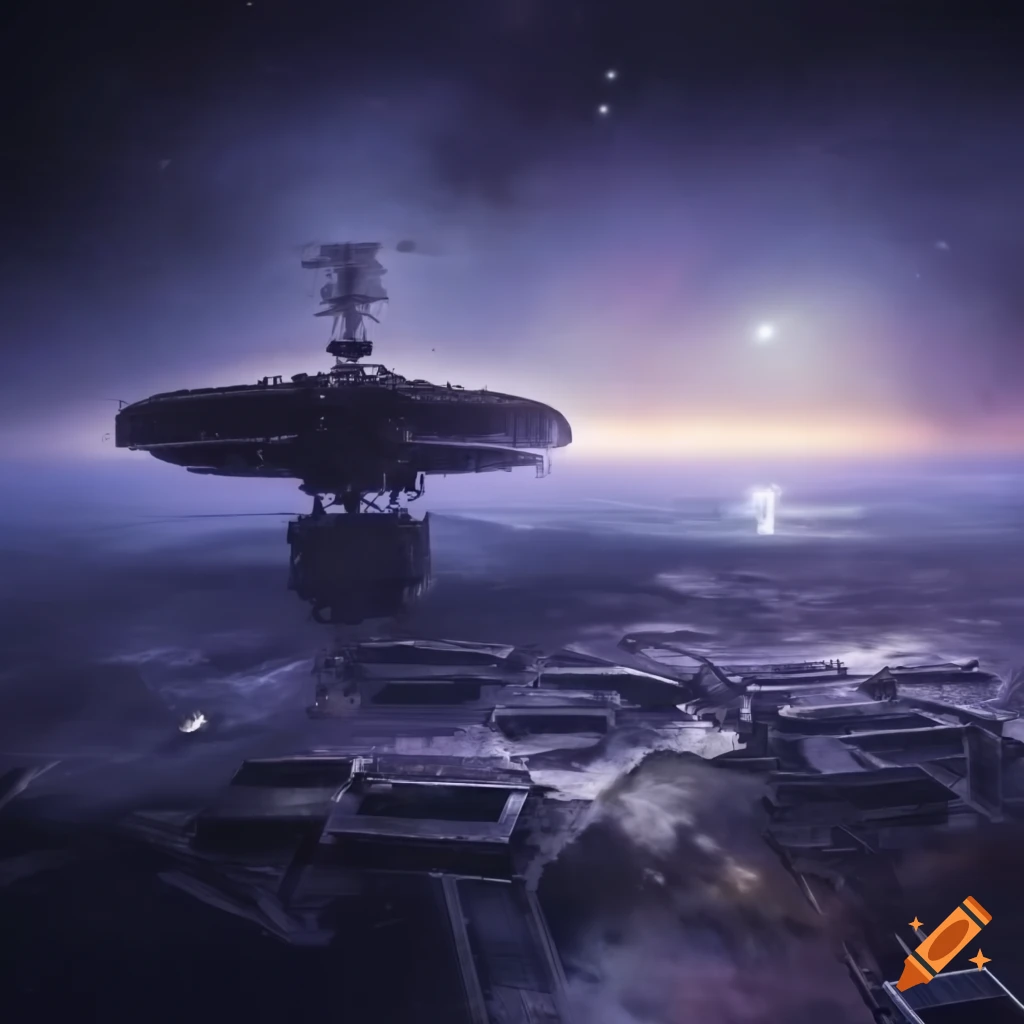 Expansive landing zone on a derelict space station with alien structures