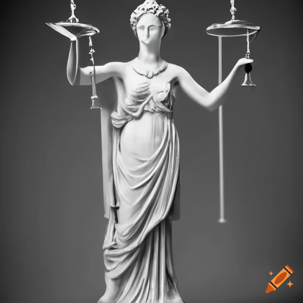 Black and white statue of a goddess holding the scales of justice