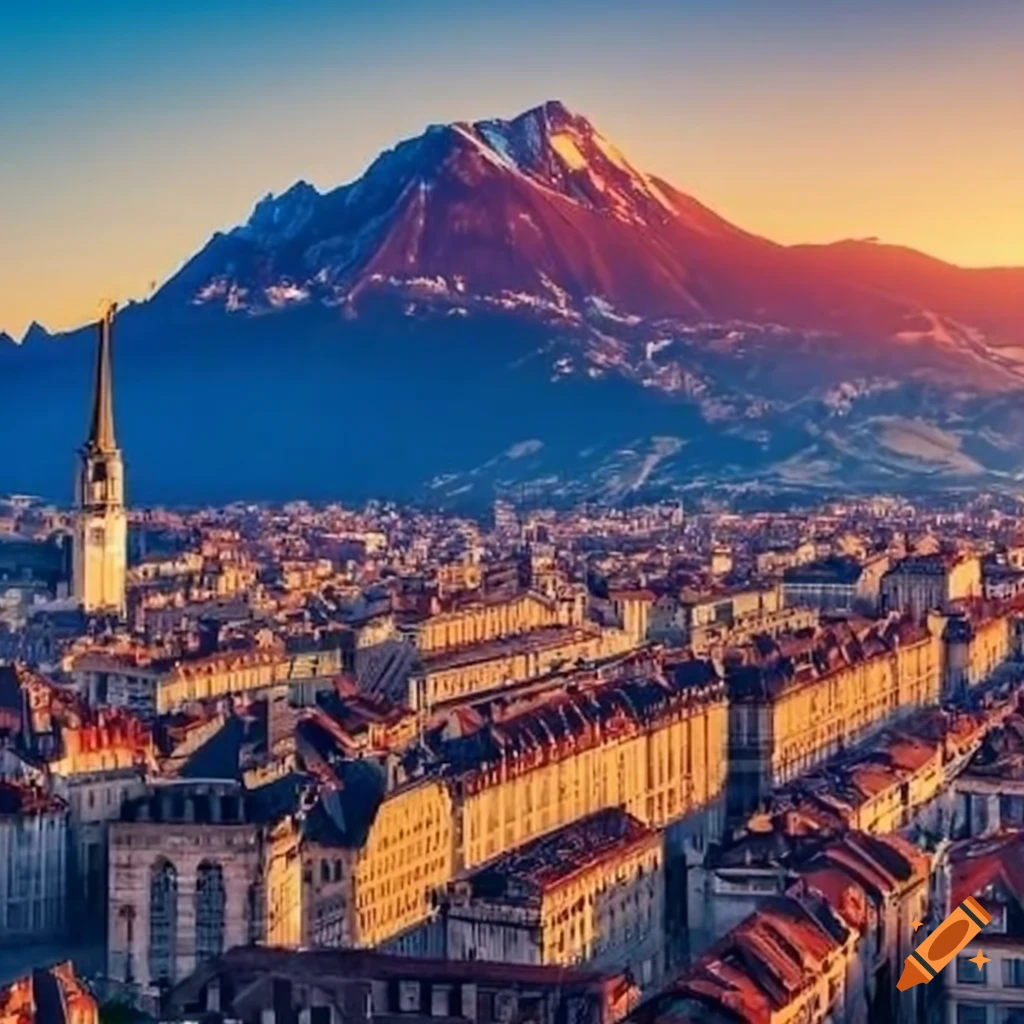 City of Grenoble with buildings on the sides and mountains in the background