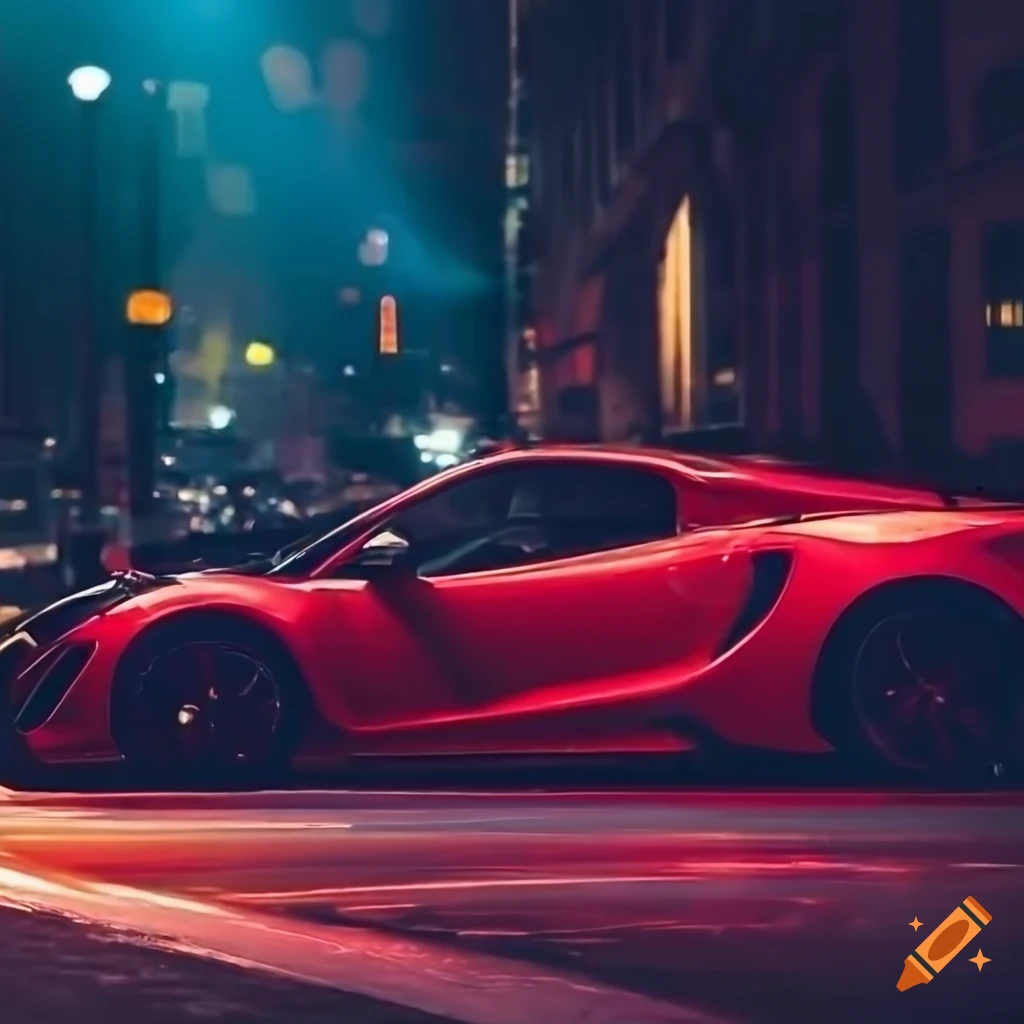 Red and black sports car parked on a city street at night