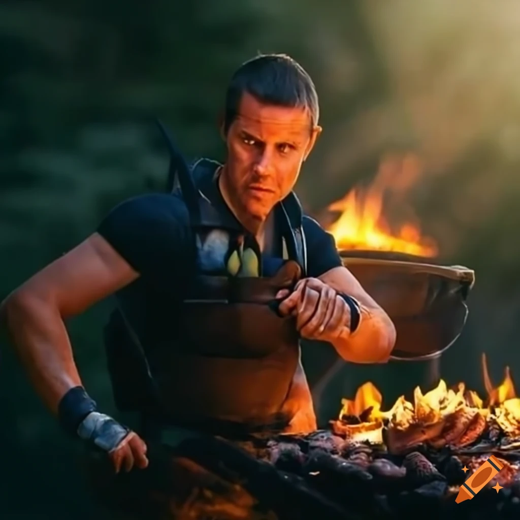 Bear Grylls preparing a barbecue in the wilderness