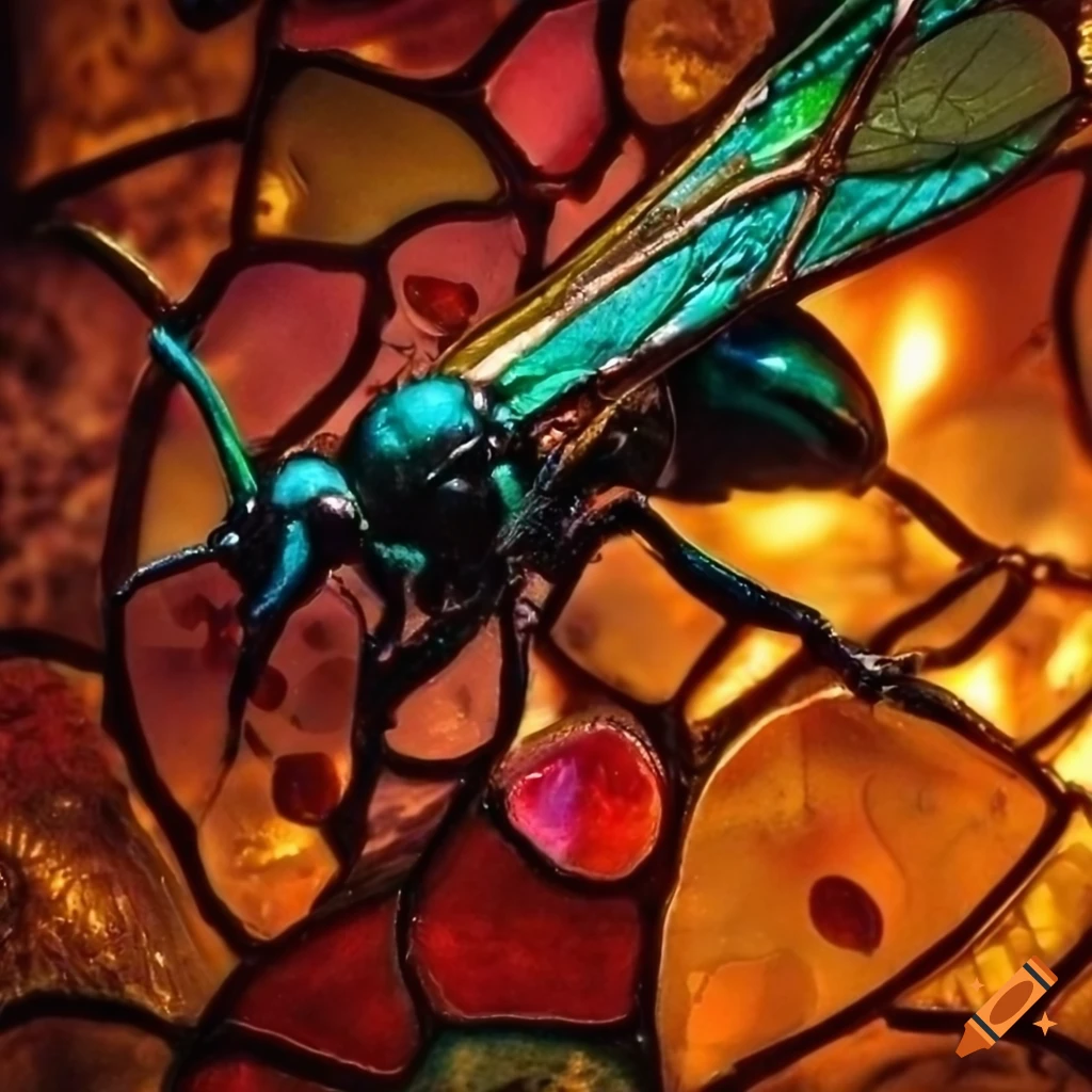 Exotic wasp with colorful gems and tribal motifs on stained glass, metal-plated amber gemstones