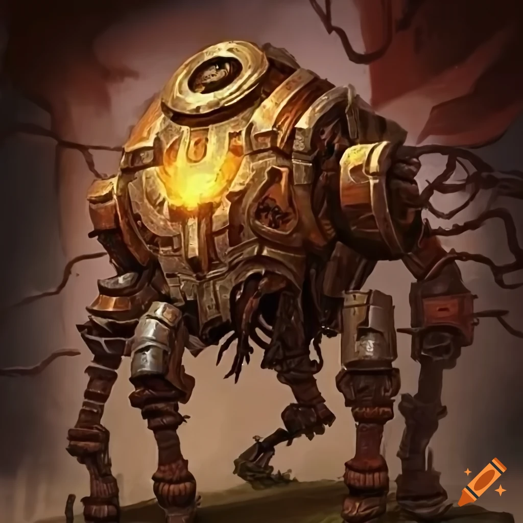 Large construct machine with long arms and roots on its metal skin in a Pathfinder Dungeons & Dragons setting