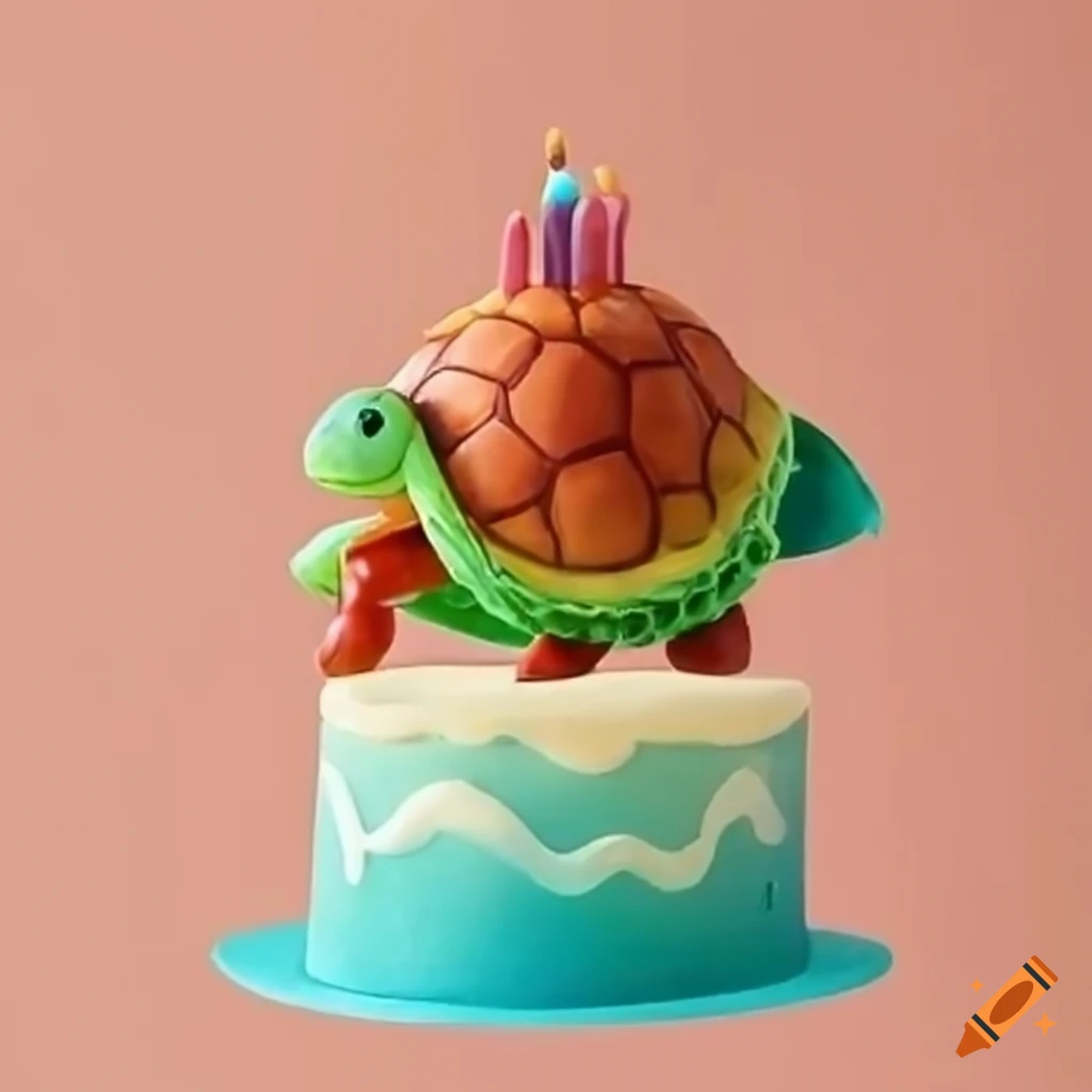 Birthday cake shaped like a turtle with a miniature bike next to it