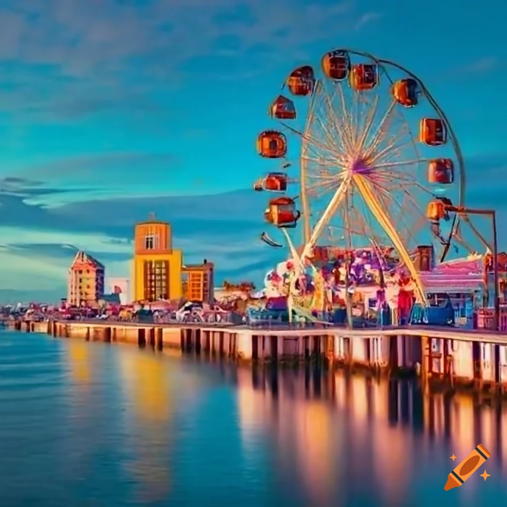 Vibrant scene of Seaside Heights boardwalk with people, vendors, and ferris wheel