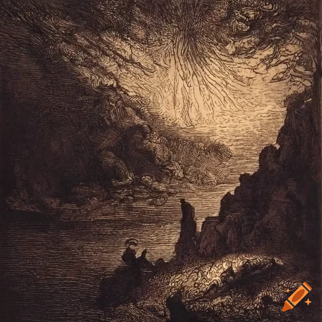 Gustave Dore etching of a massive landscape