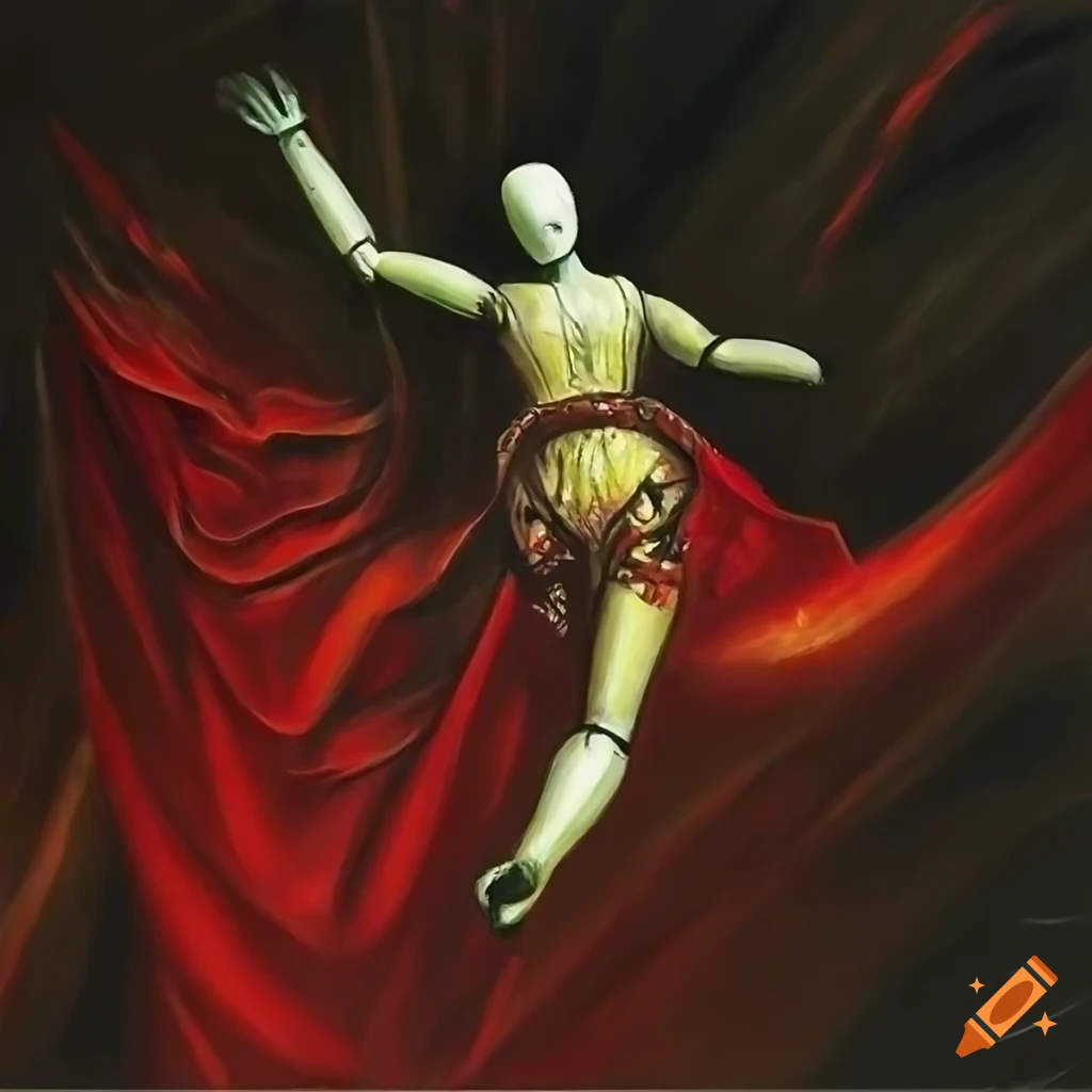 Baroque oil painting of mannequin falling into detailed abyss
