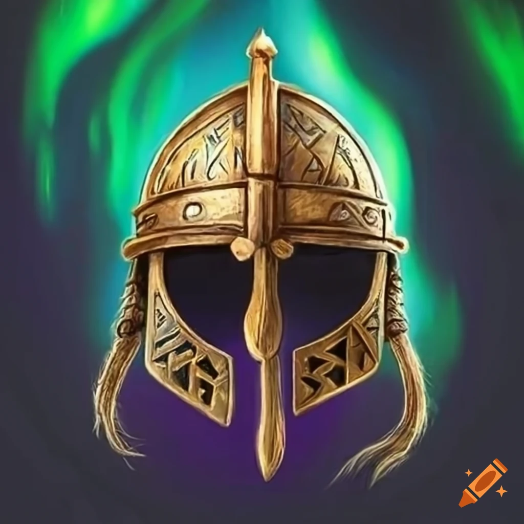 Northern lights with mythological symbols, Viking helmet, and book