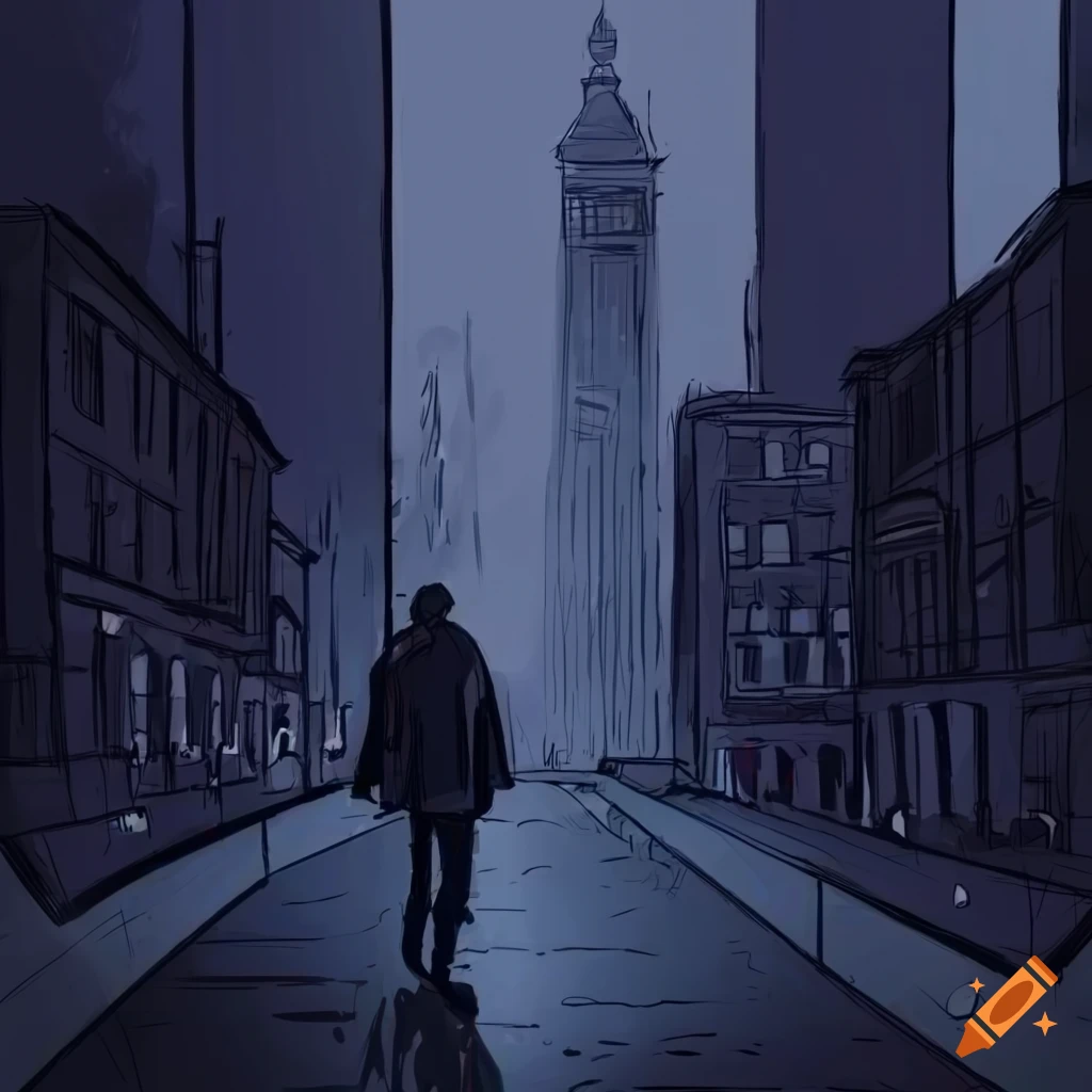 Man walking on city street under dark rainy sky in comic style