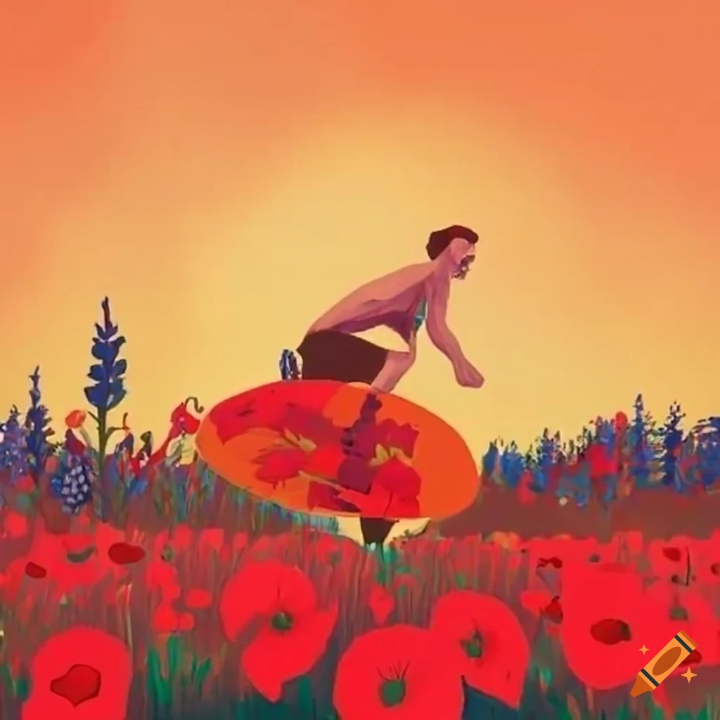 Philip Glass surfing on a field of poppies and lupin