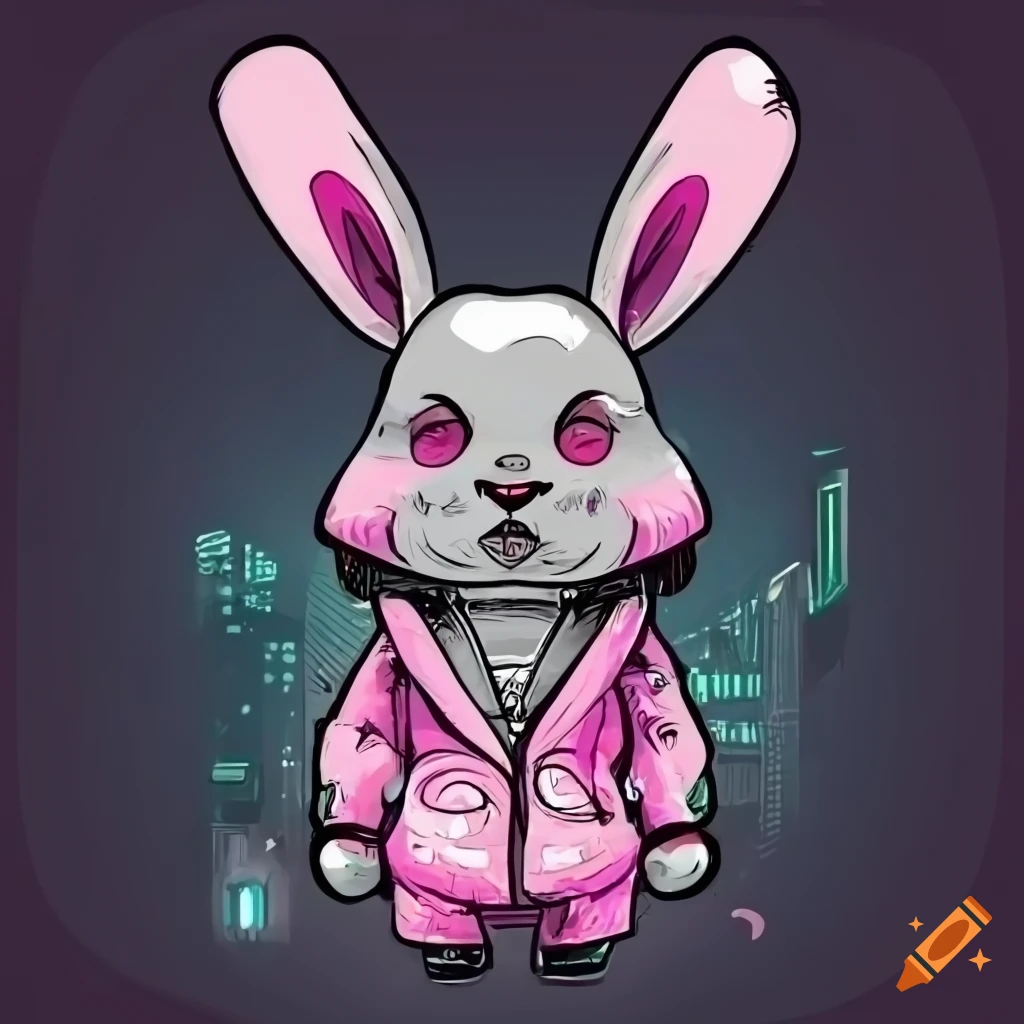 Cartoon cyberpunk bunny in a pink jacket with gadgets in a city backdrop