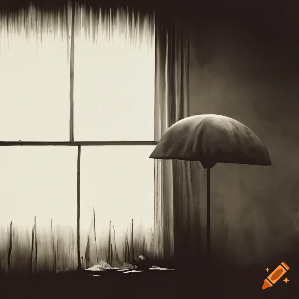 Surrealist graphic art with a retro 1950s vibe featuring rooms, windows, and strange forms in white-black grey sepia tones