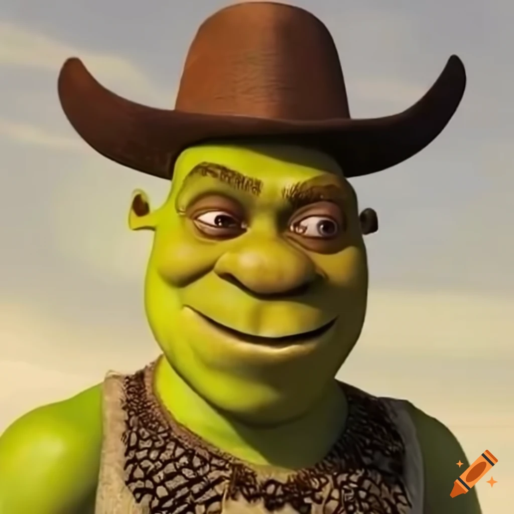 Shrek in cowboy attire with a curse