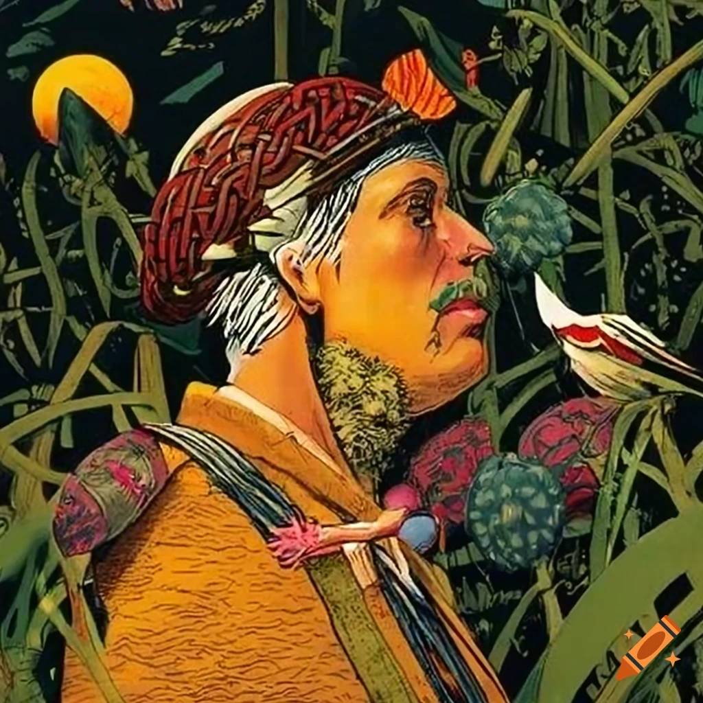 Fusion of Celtic, Japanese, and Viking cultures in the Amazon rainforest at sunrise