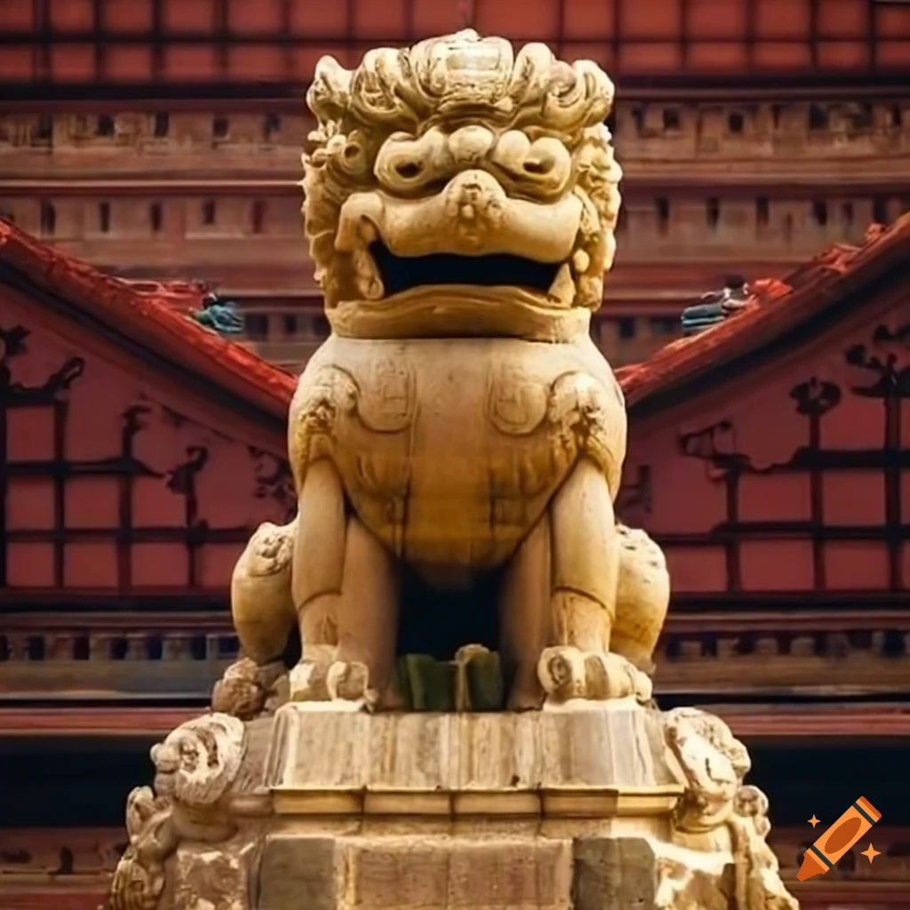 Chinese stone lion guarding a pagoda