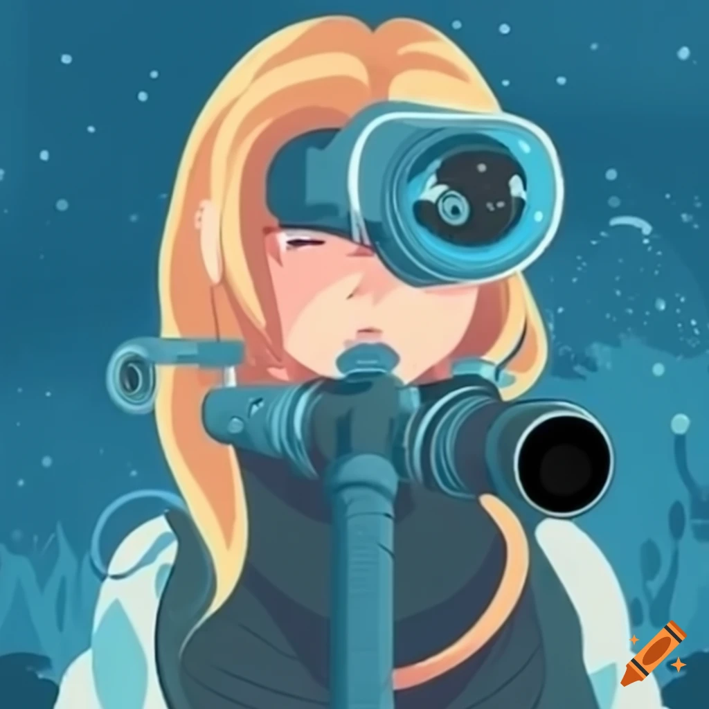 Blond woman explorer in diving suit looking into the sea with a telescope