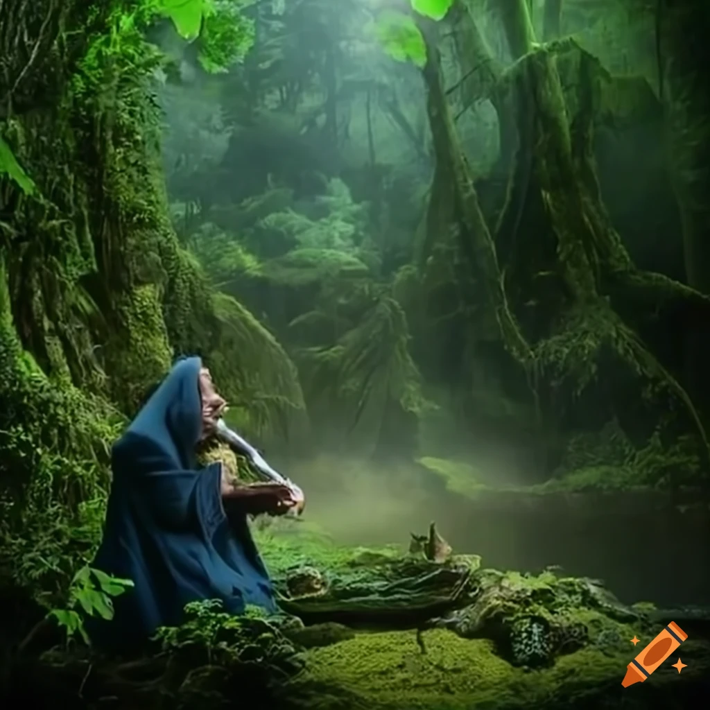 Aging wizard in lush rainforest smoking a pipe