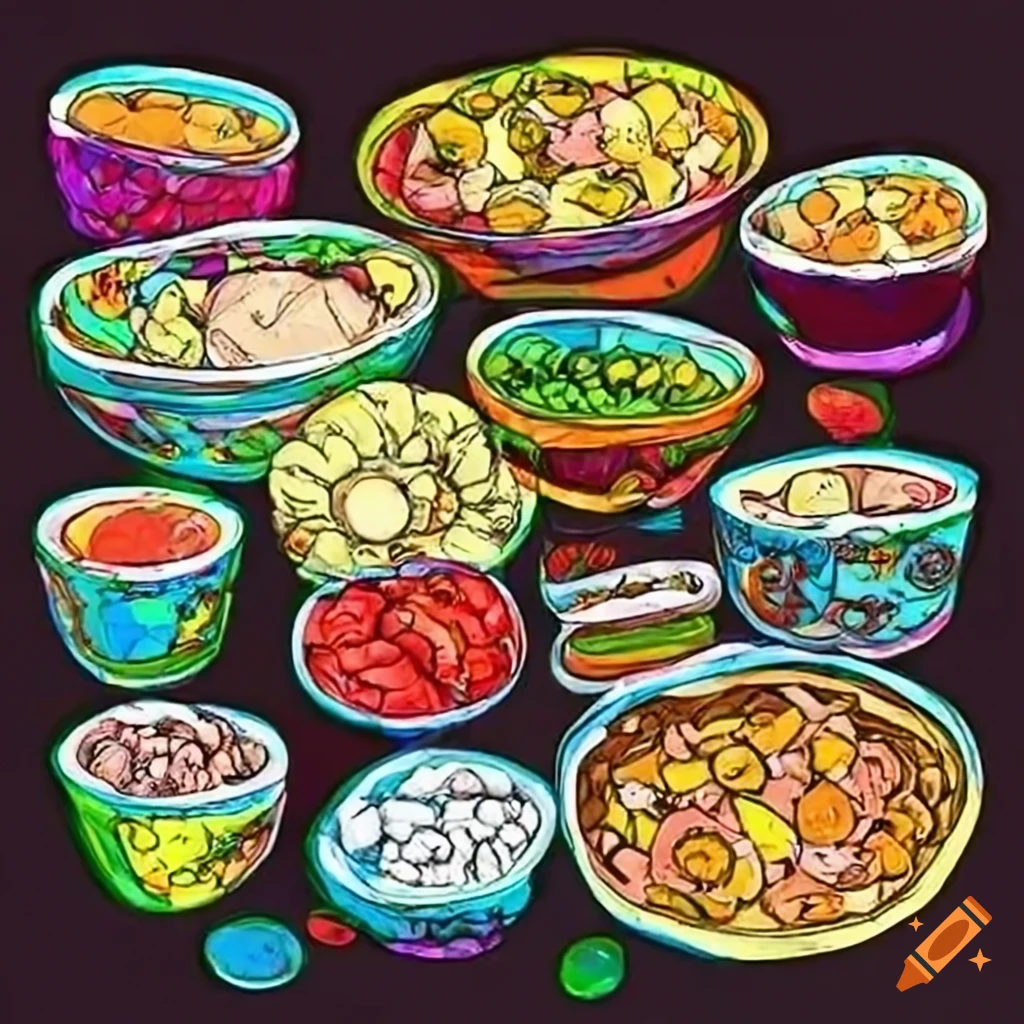 Colorful and delicate food bowls with various dishes