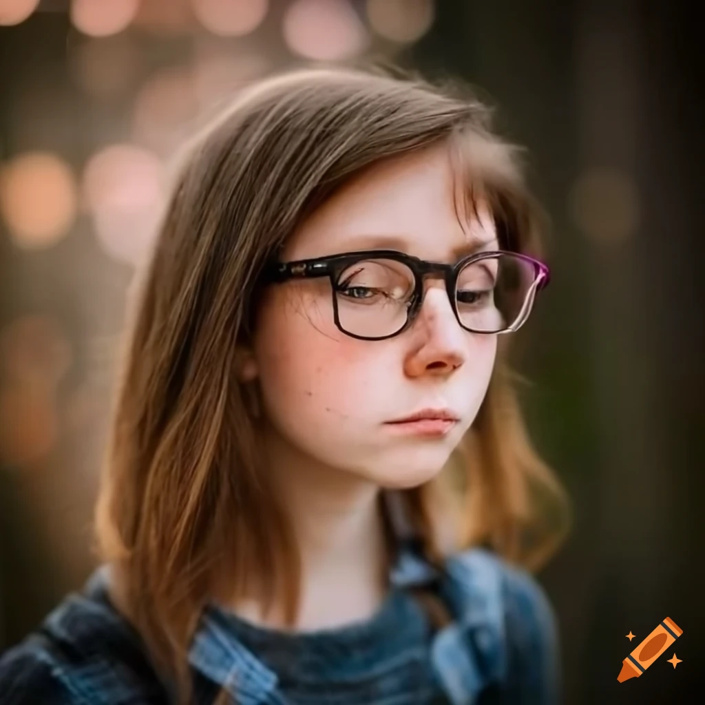 Brown-haired girl with glasses in freckles and black dungarees